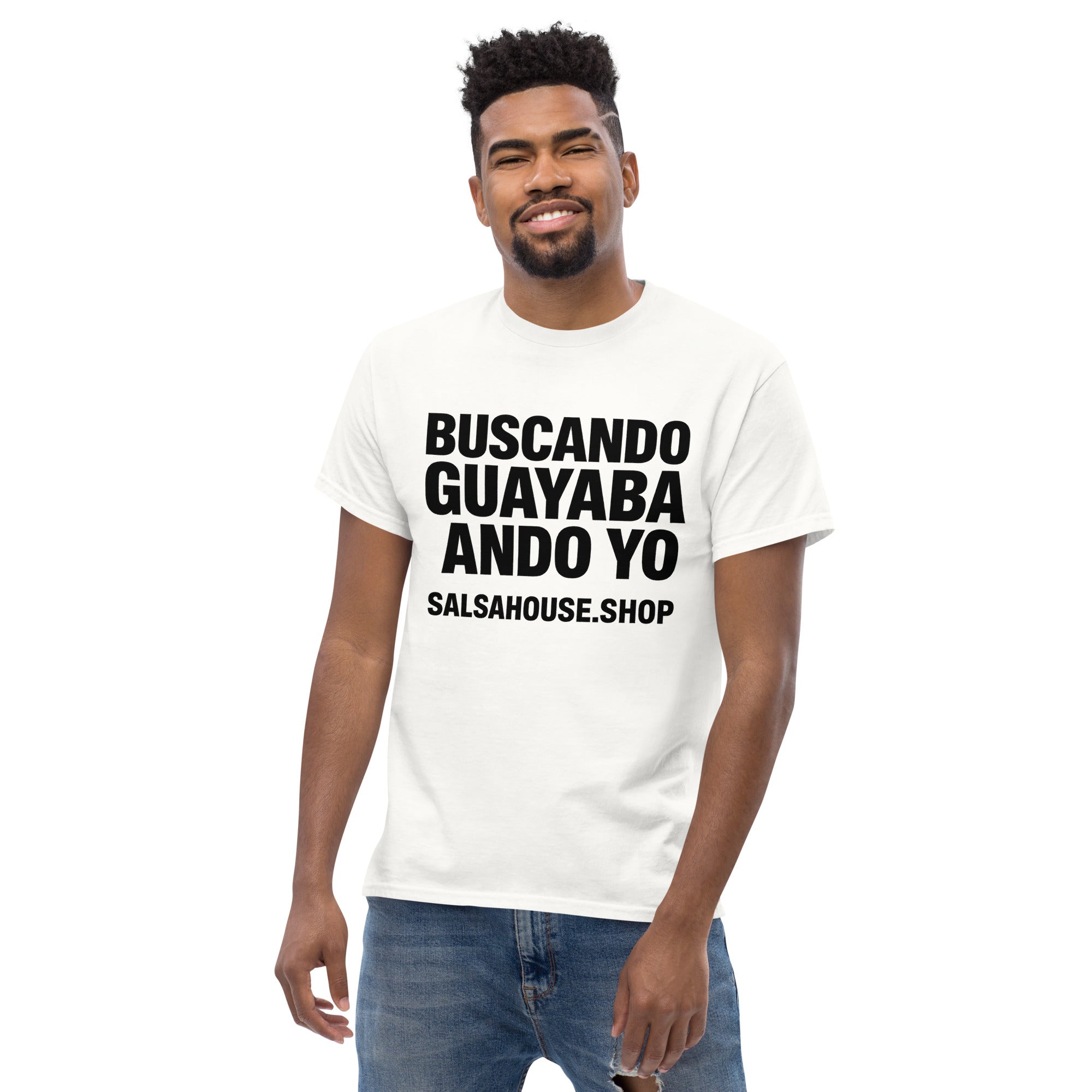 Unisex classic tee-BUSCANDO GUAYABA ANDO YO-plain-white