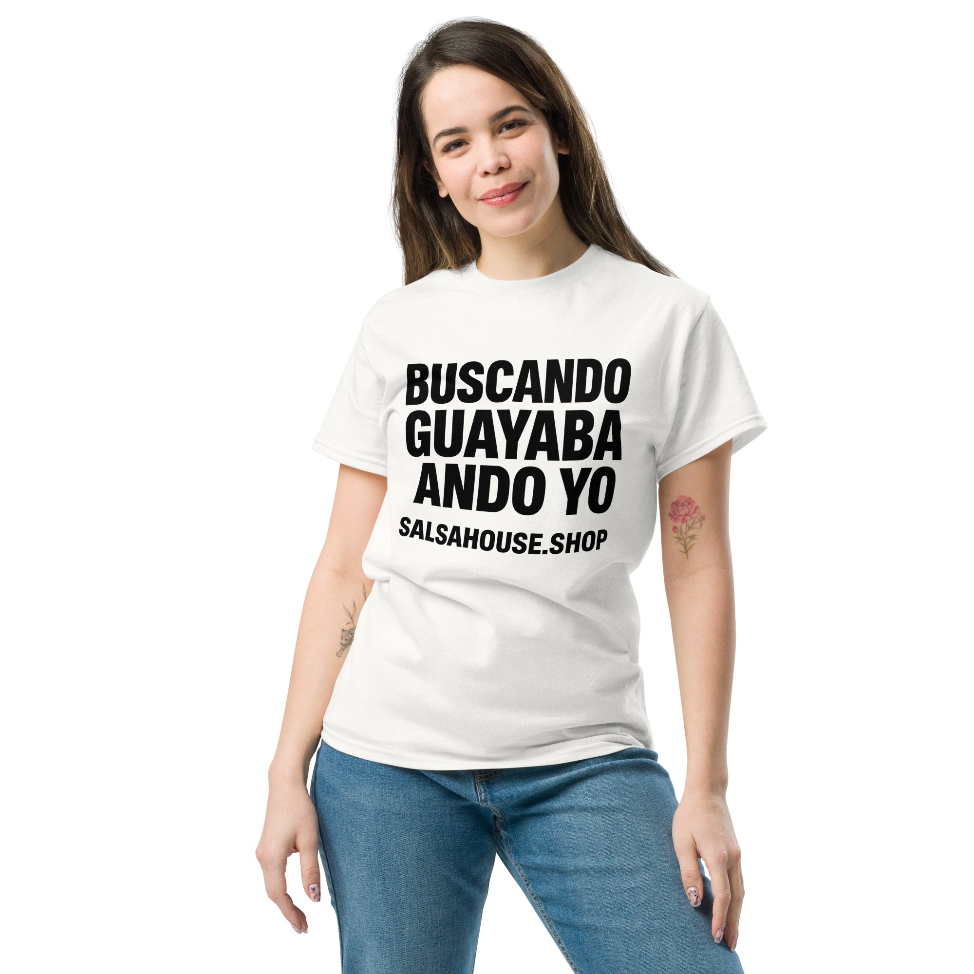 Unisex classic tee-BUSCANDO GUAYABA ANDO YO-plain-white